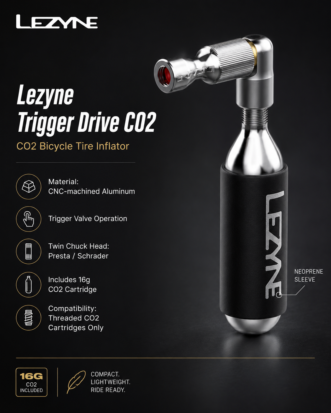 Lezyne Trigger Drive CO2 (With 16G CO2 Cartridge) Bicycle Pump