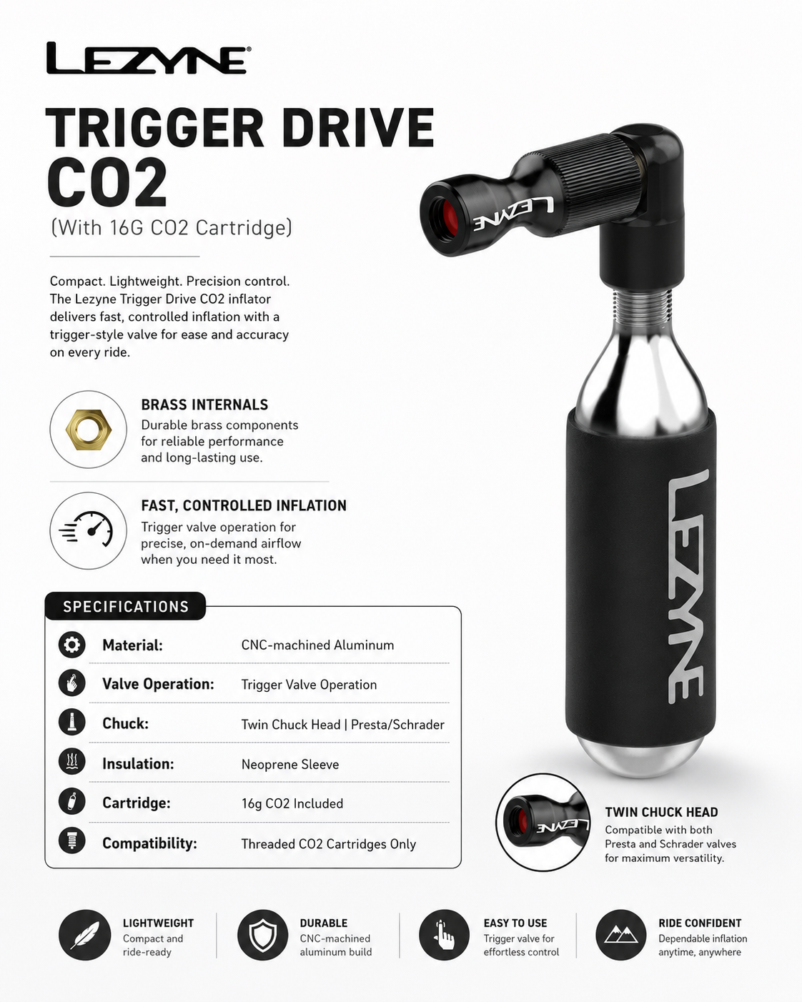 Lezyne Trigger Drive CO2 (With 16G CO2 Cartridge) Bicycle Pump