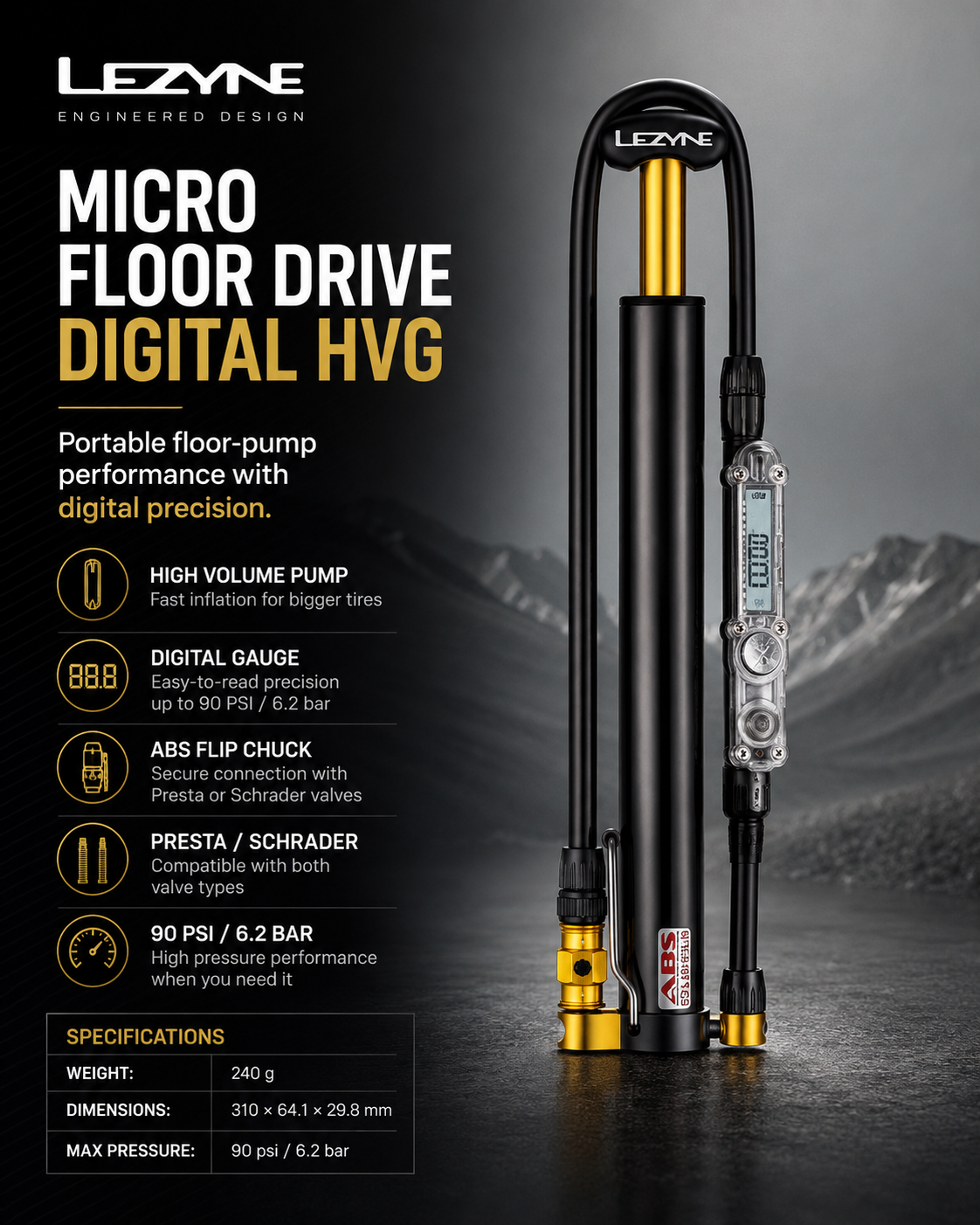 Lezyne Micro Floor Drive Digital HVG, Bicycle Pump
