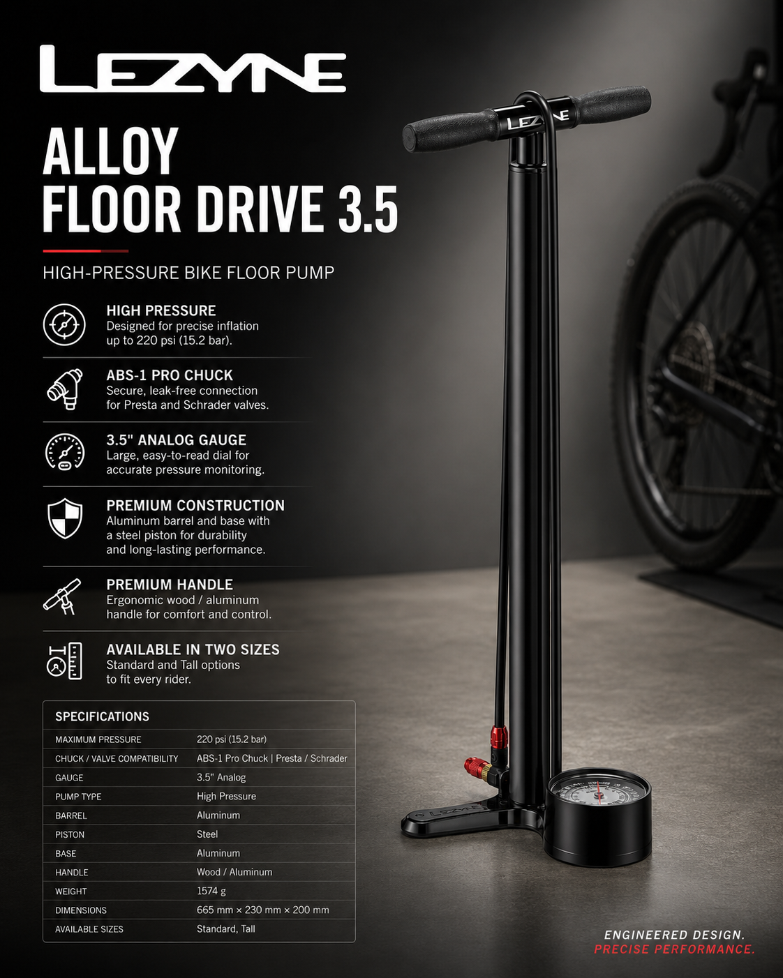 Lezyne Alloy Floor Drive 3.5 Bicycle Pump