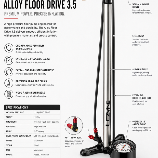 Lezyne Alloy Floor Drive 3.5 Bicycle Pump