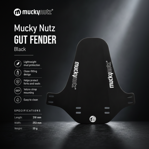 Mucky Nutz Gut Fender on a dark background with product details.