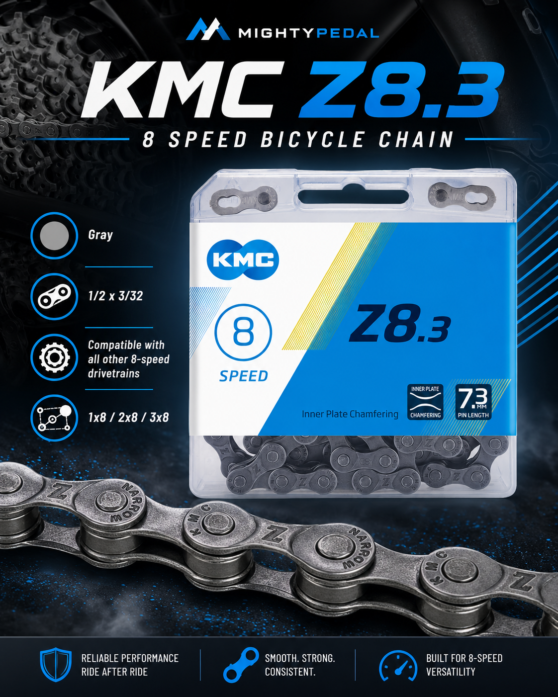 KMC Z8.3 Bicycle Chain, 8 Speed, Gray