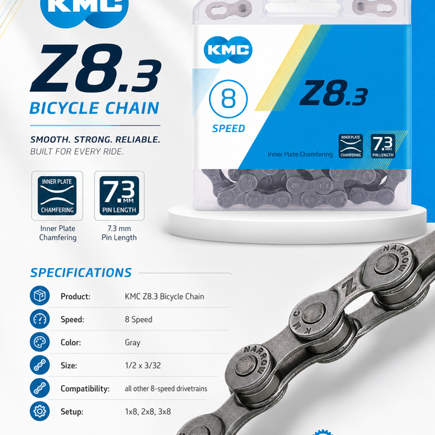 KMC Z8.3 Bicycle Chain, 8 Speed, Gray