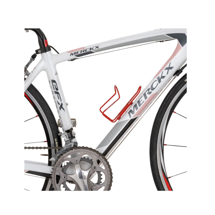 Detailed view of Eddy Merckx EFX frame featuring a red Minoura AB100-4.5 bottle cage.