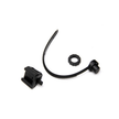 Separated components of a black bike light mount including strap, lock ring, and base.