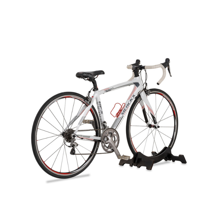Eddy Merckx road bike featuring a red Minoura AB100-4.5 bottle cage and dual-wheel stand.