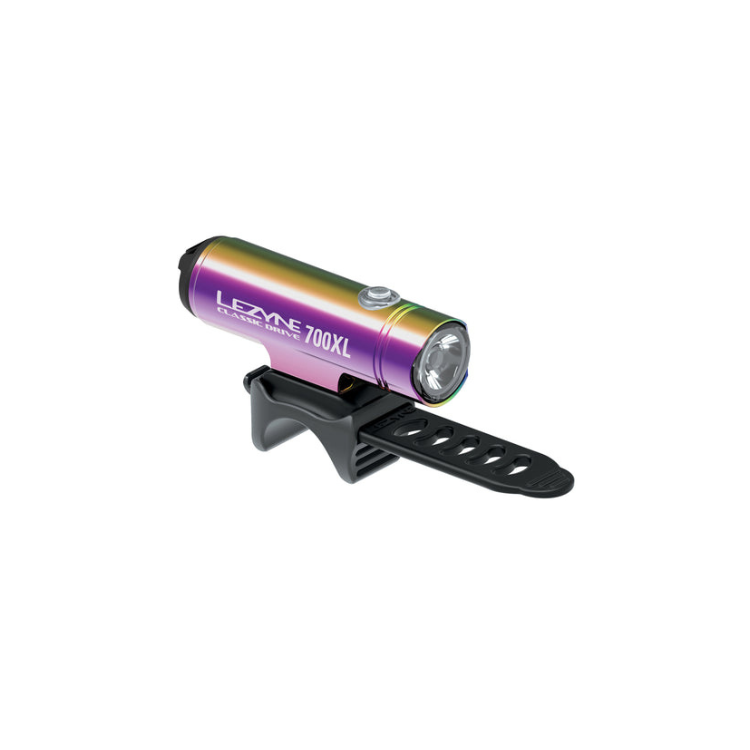 Lezyne Classic Drive 700XL front bike light in rainbow finish, showcasing a compact design with secure mounting strap for easy attachment.