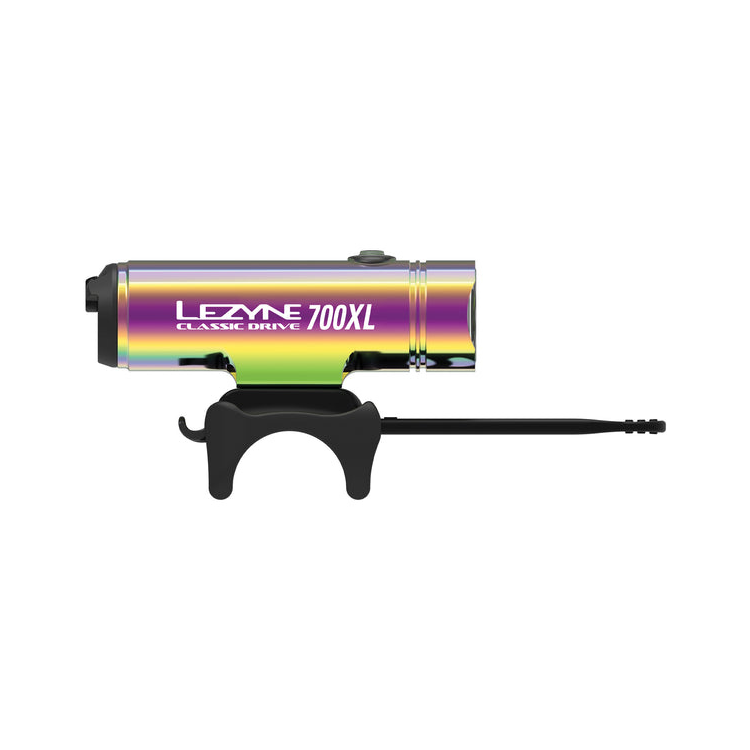 Lezyne Classic Drive 700XL front bike light in rainbow finish, featuring a compact design with a secure mounting strap for visibility and durability.