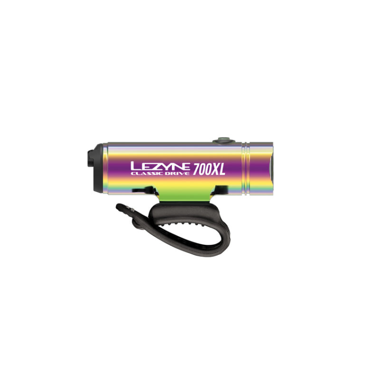 Lezyne Classic Drive 700XL front bike light in rainbow finish, featuring a compact design with an easy-to-attach mounting strap.