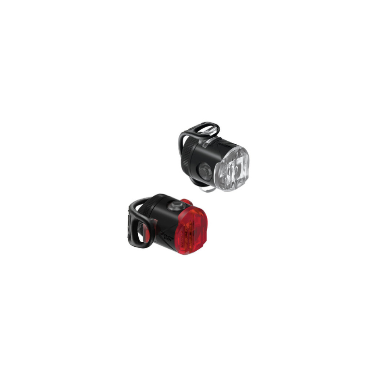 Lezyne front and rear bike light set, featuring ultra-compact design and bright LED lights for maximum visibility on the road.