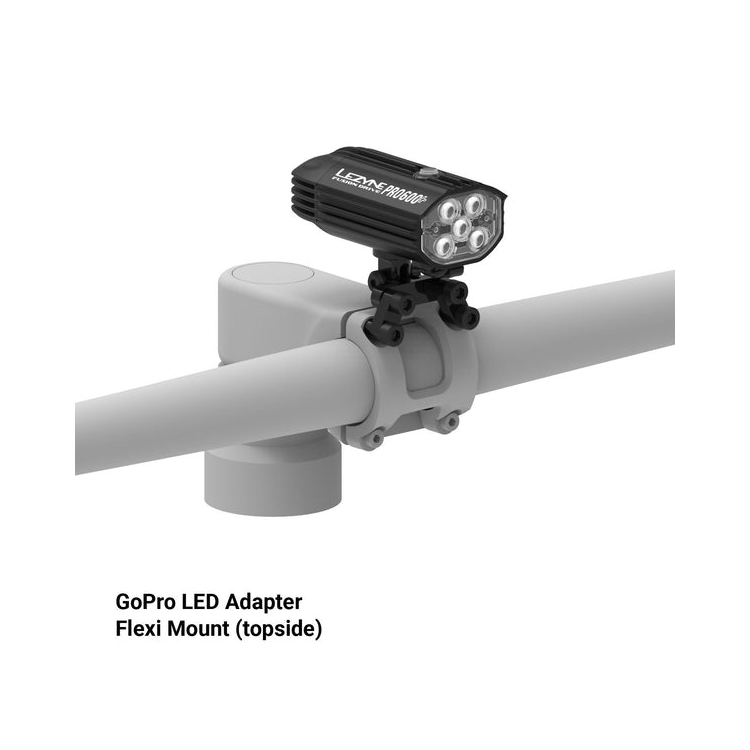 Lezyne GoPro LED adapter with Flexi mount, mounted on the top side of a bike handlebar, securely holding a bike light.
