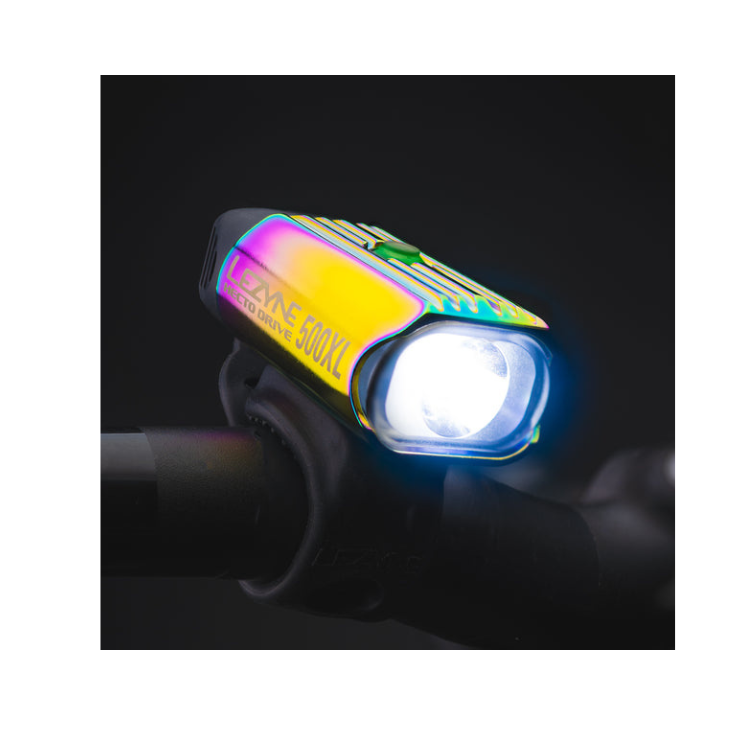 Lezyne Hecto Drive 500XL front bike light in rainbow finish, mounted on the handlebar, with bright LED light for improved road visibility.