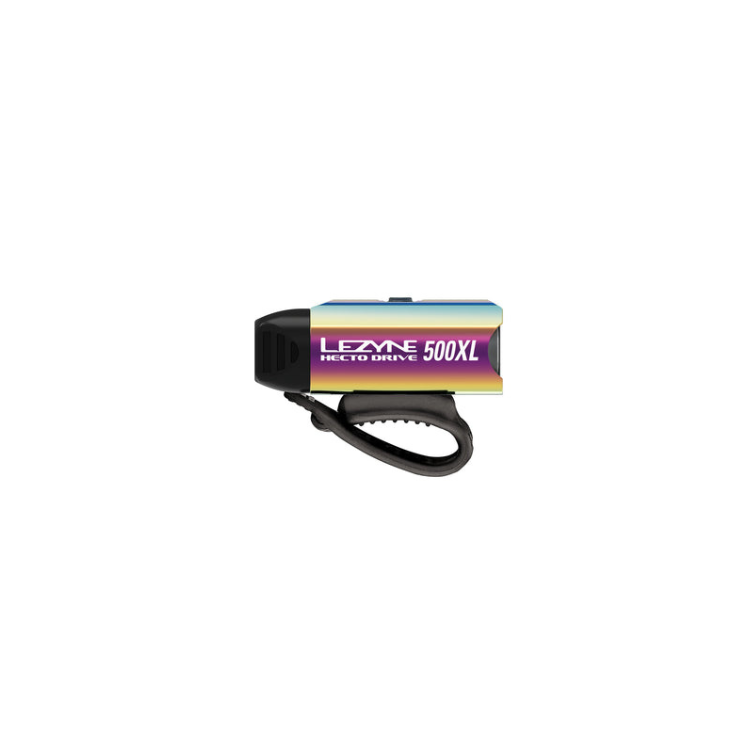 Lezyne Hecto Drive 500XL front bike light in rainbow finish, with a secure mounting strap for easy attachment to the bike.