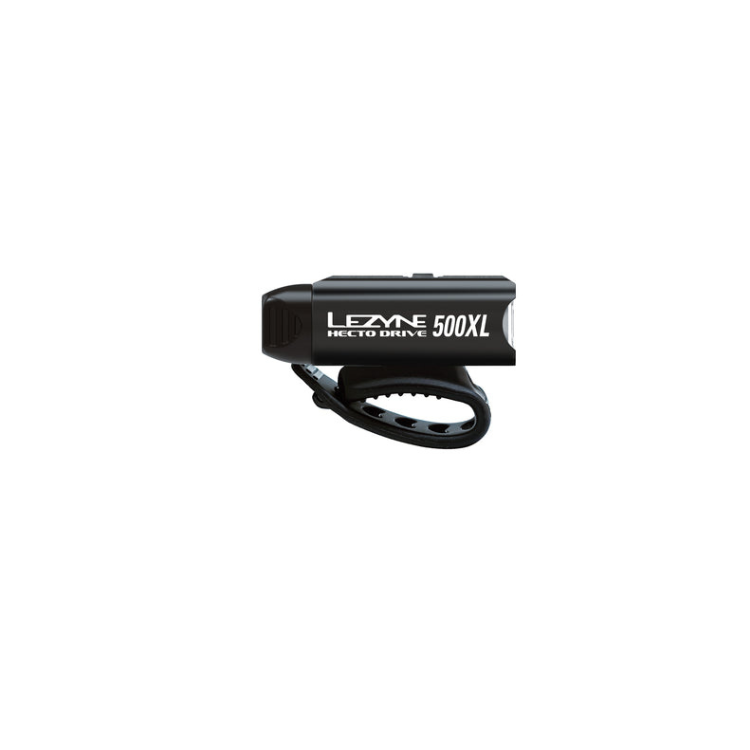 Lezyne Hecto Drive 500XL front bike light, side view showing secure mounting strap and compact LED design for improved visibility.
