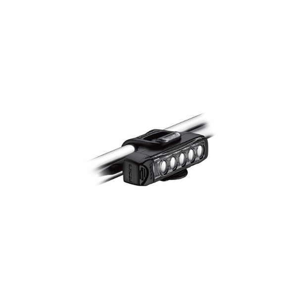 Lezyne KTV Drive front bike light, mounted on the handlebar, featuring five LEDs and USB rechargeable.