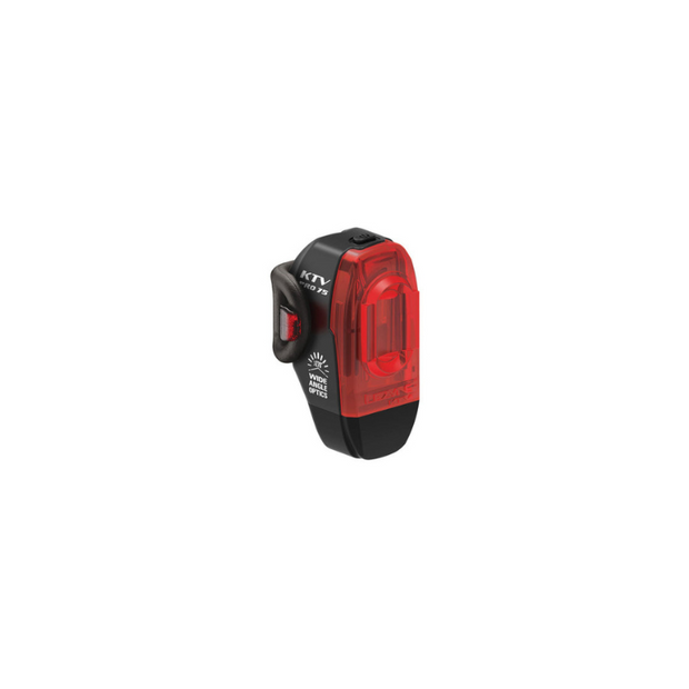 Lezyne KTV Pro 75 rear bike light with wide-angle optics for improved visibility, mounted on a bike with a sleek red light design.