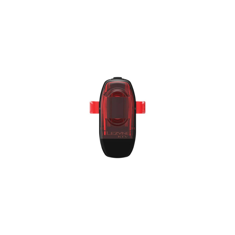 Front view of the Lezyne KTV rear bike light, featuring a red LED and mounted with a red strap for secure attachment.