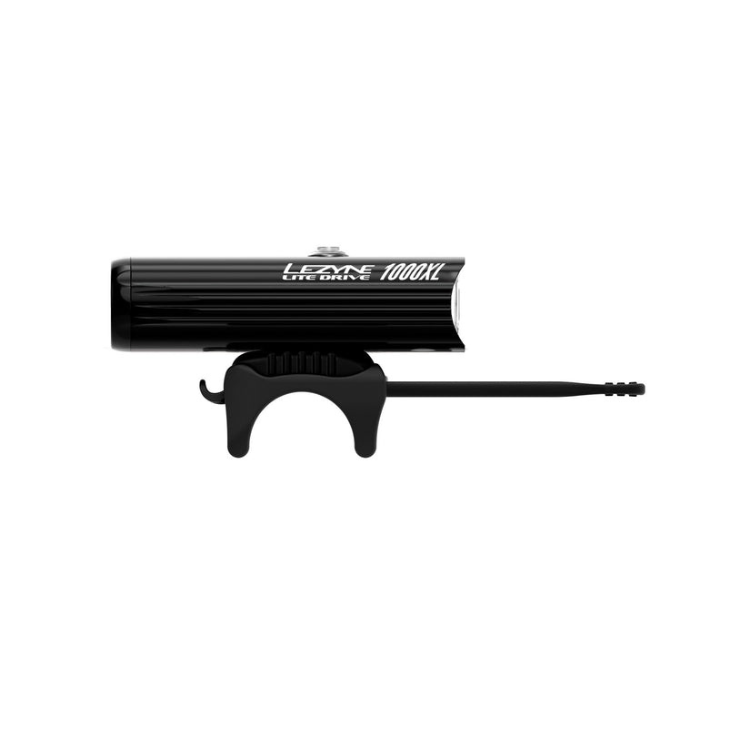 Lezyne Lite Drive 1000XL front light mounted on a bike handlebar with black color and sleek design.