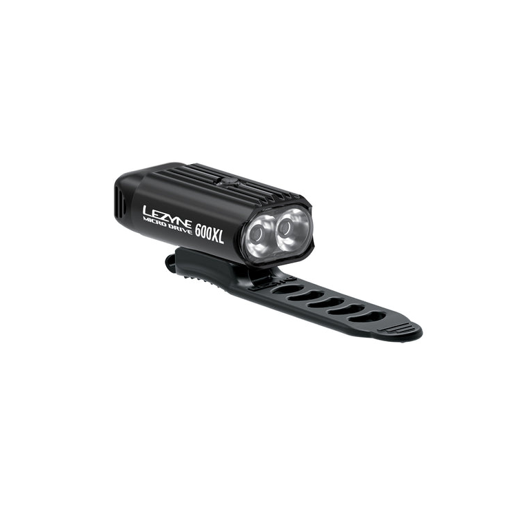 Lezyne Micro Drive 600XL front bike light with dual LEDs, compact design, and secure mounting strap for high visibility.