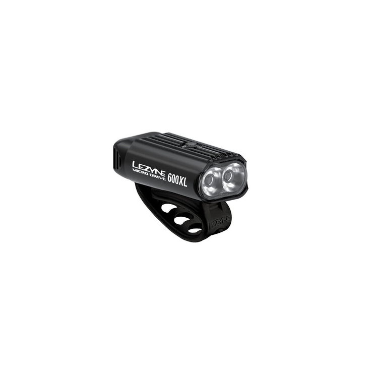 Lezyne Micro Drive 600XL front bike light with dual LEDs, compact design, and secure mounting strap for enhanced visibility.