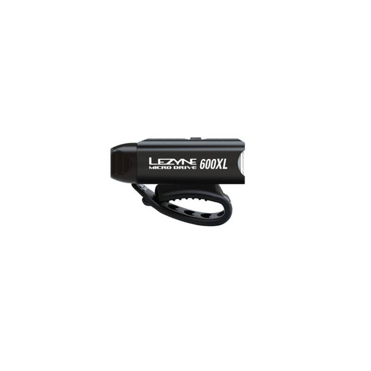 Lezyne Micro Drive 600XL front bike light, side view with a secure mounting strap and bright LED light for enhanced safety.