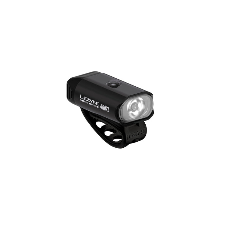 Lezyne Mini Drive 400XL front bike light, compact with a powerful LED, mounted securely for enhanced visibility.