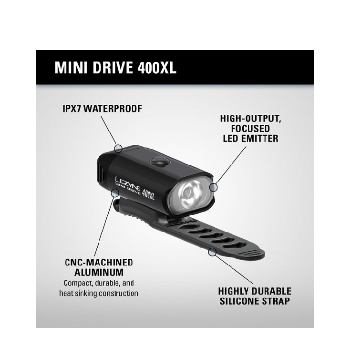Lezyne Mini Drive 400XL front bike light with features: IPX7 waterproof, high-output LED, CNC-machined aluminum body, and durable silicone strap.