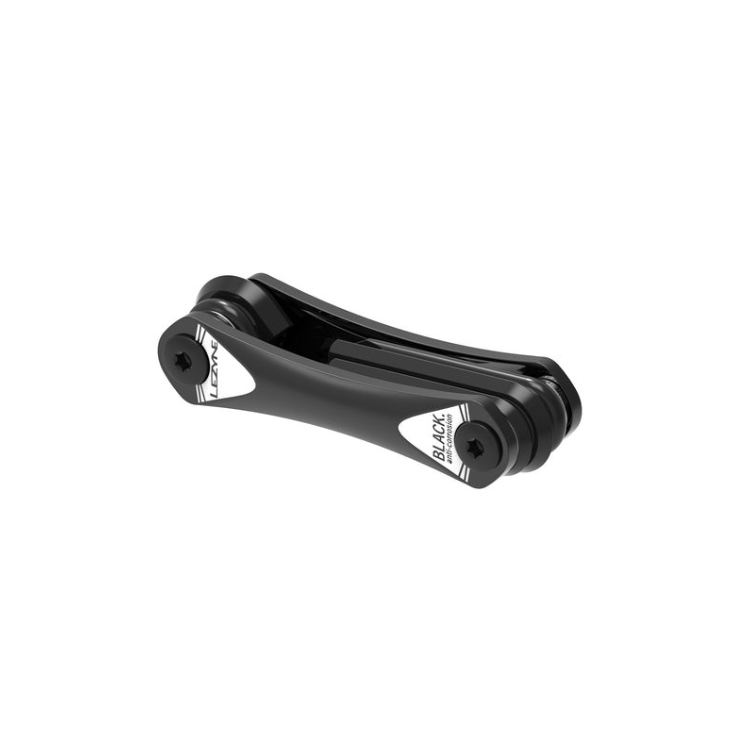 Lezyne black multi-tool with multiple fold-out functions, designed for on-the-go bicycle repairs. Compact and lightweight, perfect for carrying in bike packs or pockets.