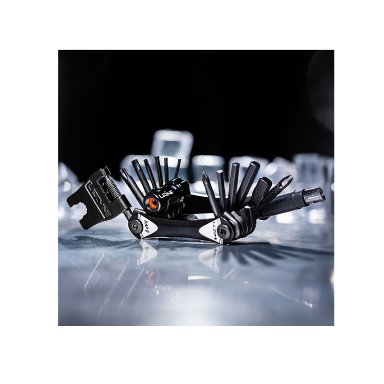 Lezyne RAP II 13 Tubeless Multi Tool, featuring a variety of functions for bike repairs, including tools for tubeless setups and tire maintenance, all in a compact and durable design.