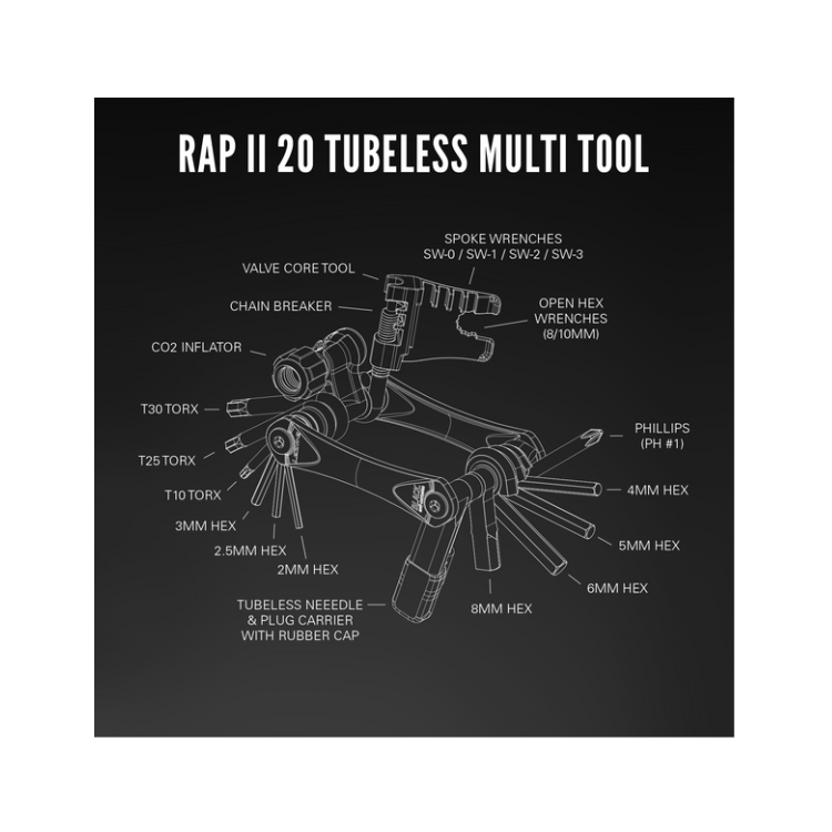 Lezyne RAP II 20 Tubeless Multi Tool with 20 functions including valve core tool, chain breaker, CO2 inflator, and hex wrenches.
