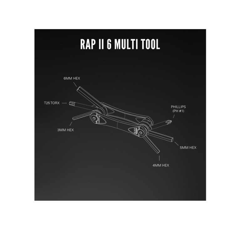 Illustration of Lezyne RAP II 6 Multi Tool with 6 functions: 6mm hex, 5mm hex, 4mm hex, 3mm hex, T25 Torx, and Phillips screwdriver (PH #1), designed for bike repairs on the go.