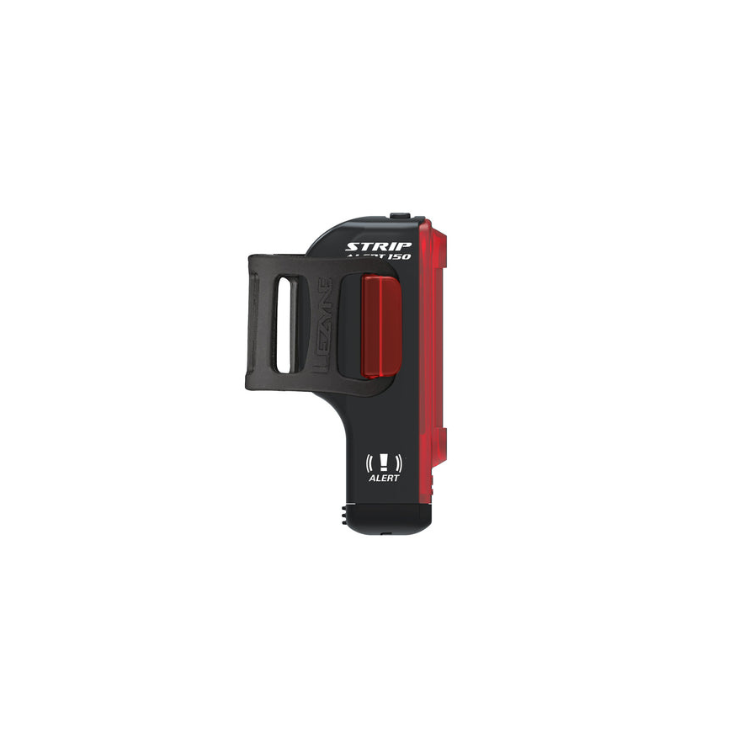 Lezyne Strip 150 rear bike light, side view showing alert mode and USB rechargeable design with red LED lights.