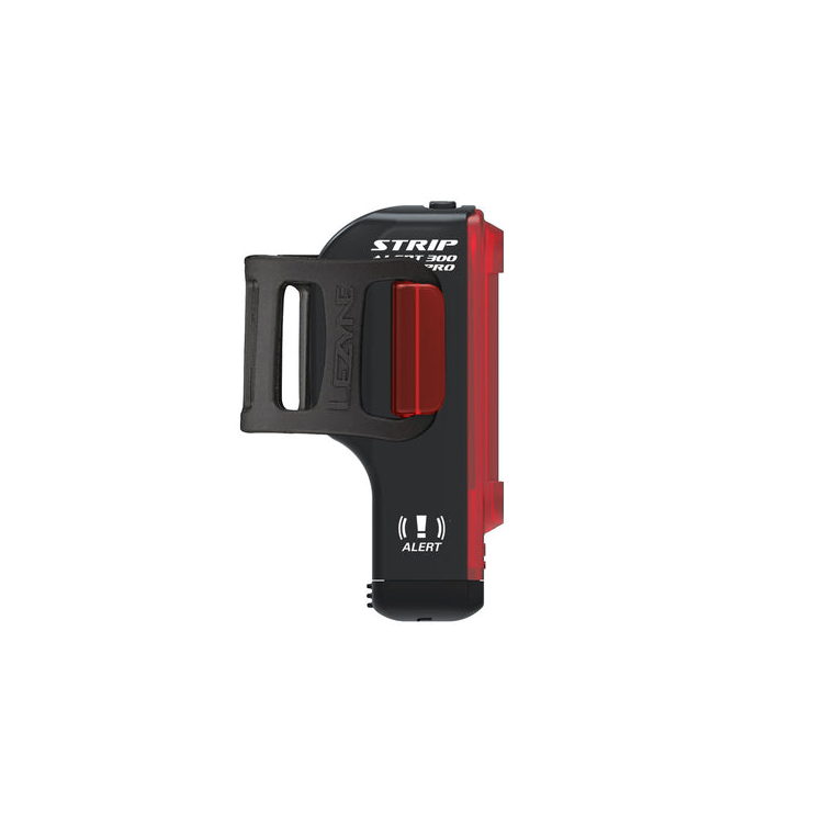 Lezyne Strip Alert 300 Pro rear bike light, side view showing alert mode, red LED lights, and USB rechargeable design.