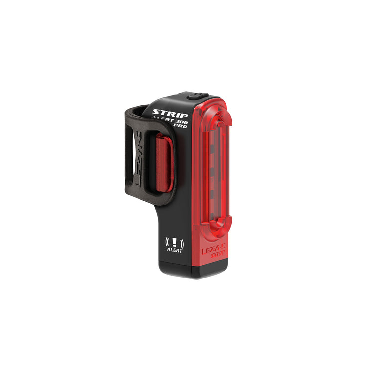 Lezyne Strip Alert 300 Pro rear bike light with USB rechargeability, alert mode feature, and bright red LED lights for enhanced safety.