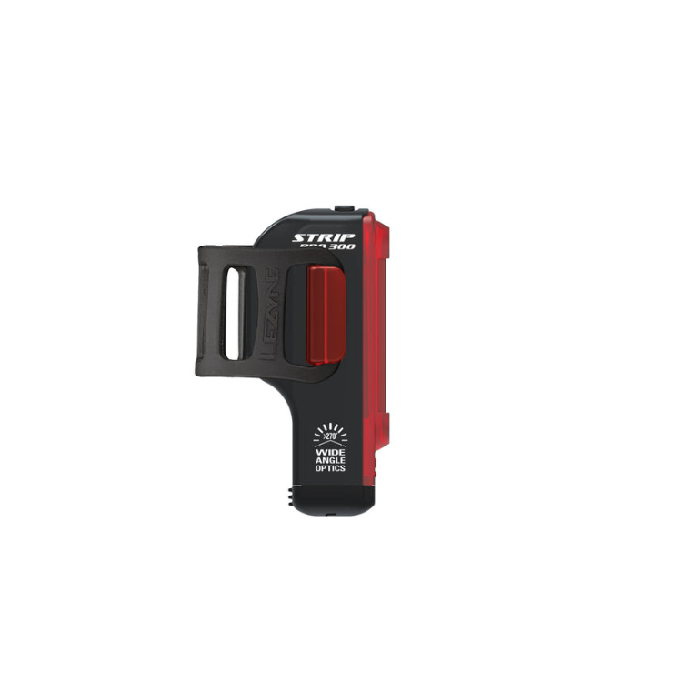 Lezyne Strip Pro 300 rear bike light, side view with wide angle optics and bright red LED lights for increased safety and visibility.