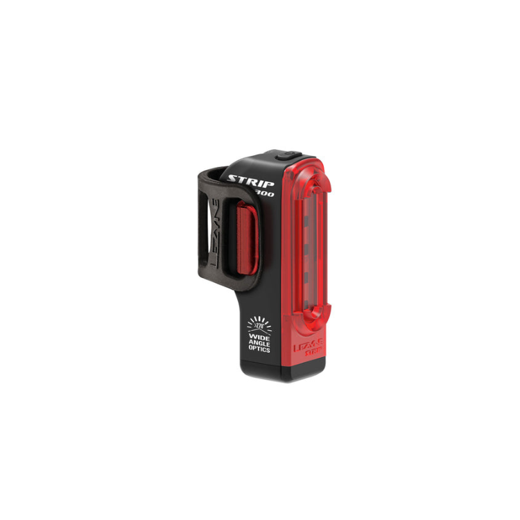 Lezyne Strip Pro 300 rear bike light, featuring wide angle optics, bright red LED lights, and USB rechargeable design for enhanced visibility.