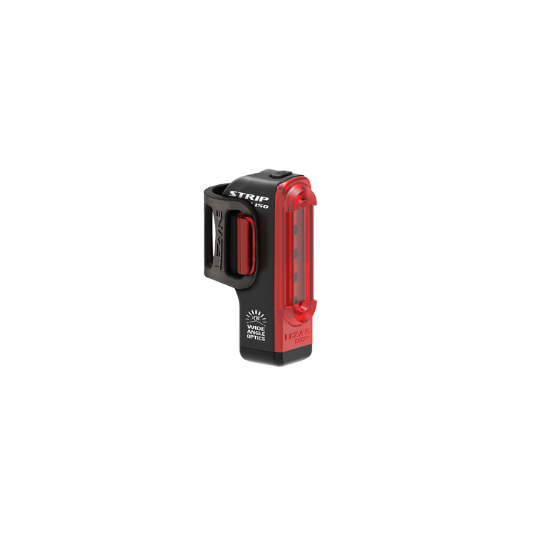 Lezyne Strip Pro rear bike light, featuring wide angle optics, red LED lights, and USB rechargeable design.