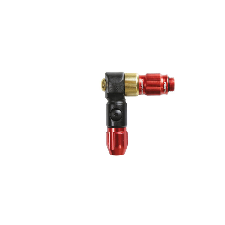 Lezyne ABS pump chuck adapter in red, black, and gold, designed for Presta and Schrader valves
