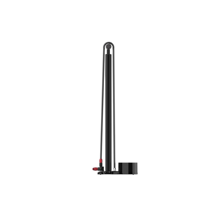Side view of Lezyne black floor pump with tall barrel and analog gauge at the base.