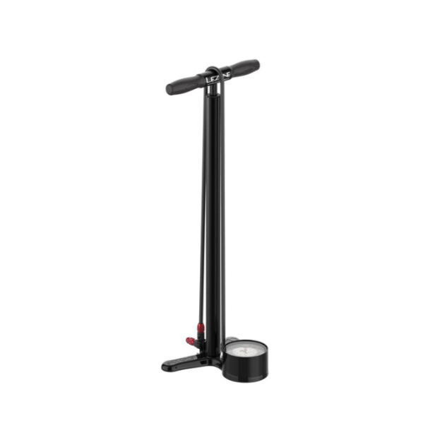 Lezyne black floor pump with oversized analog gauge at the base and ergonomic handle.