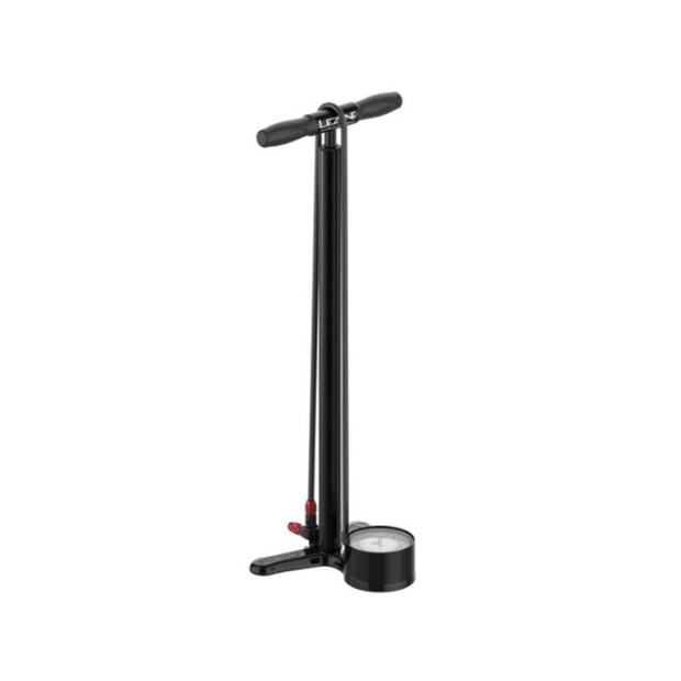 Lezyne black floor pump with oversized analog gauge at the base and ergonomic handle.