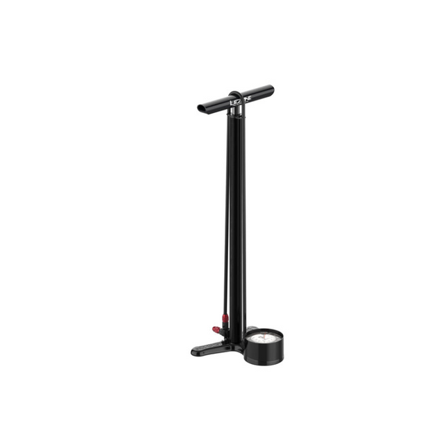Lezyne black floor pump with oversized base gauge and steel barrel, angled view.