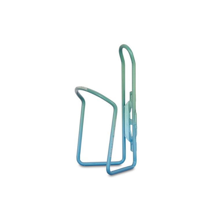 Lightweight Lezyne bottle cage with a vibrant blue-to-green anodized finish.