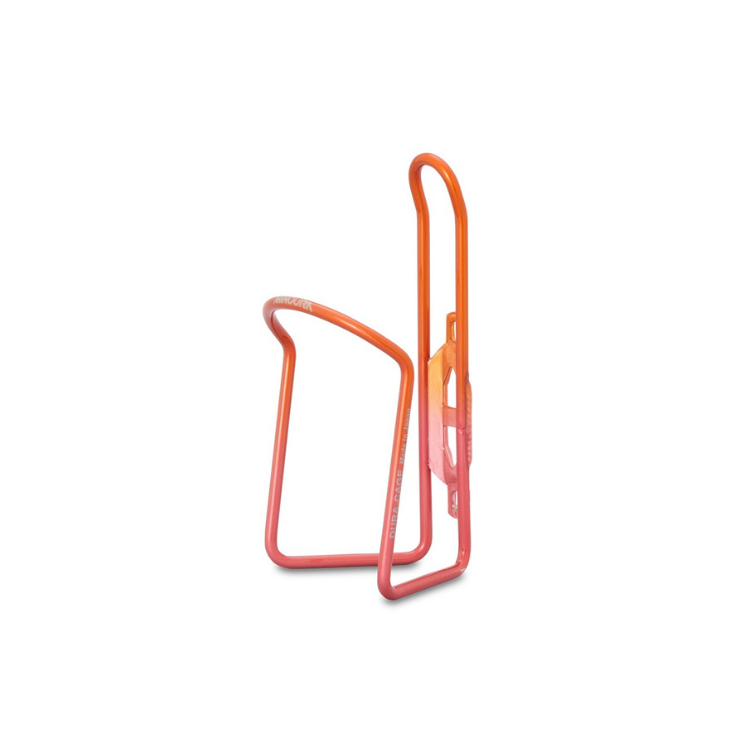 Lezyne CNC aluminum bottle cage in striking orange-red gradient.