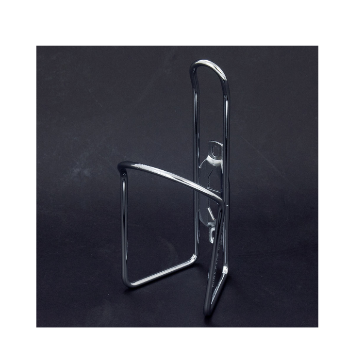 Sleek silver Lezyne bottle cage with a reflective polished alloy finish.