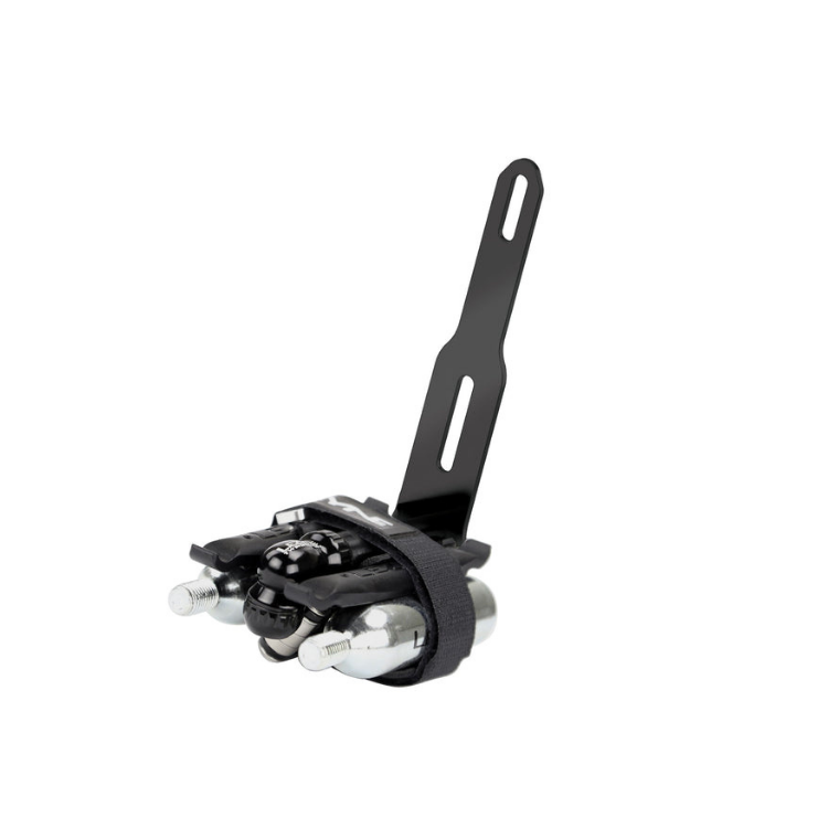 Lezyne CO2 cartridge kit secured with strap and mounting bracket.