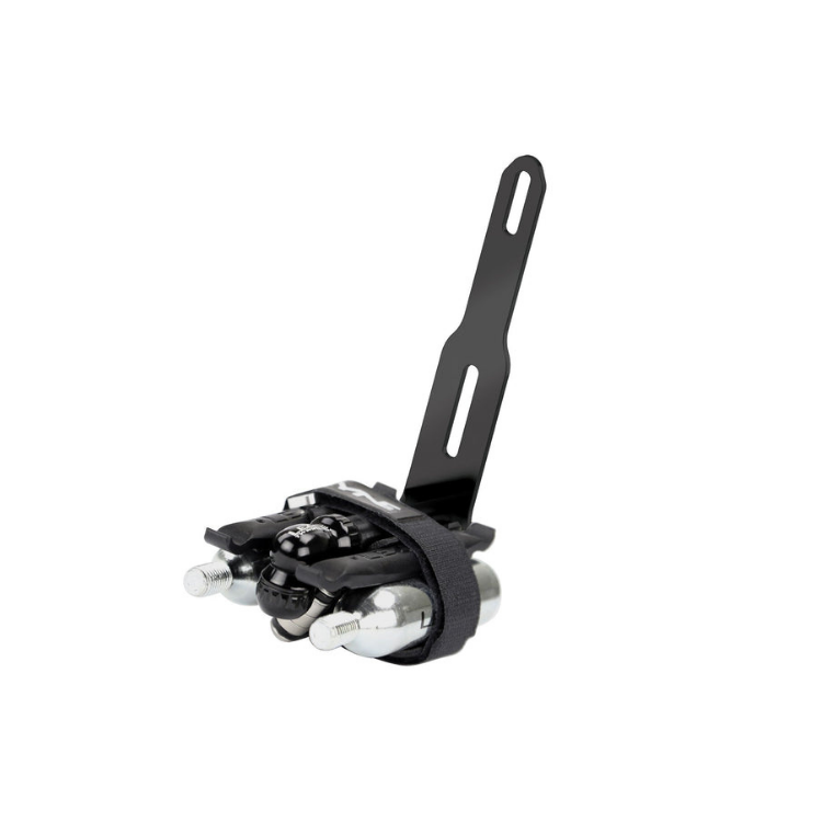Compact Lezyne CO2 repair kit secured with a strap and bracket mount.