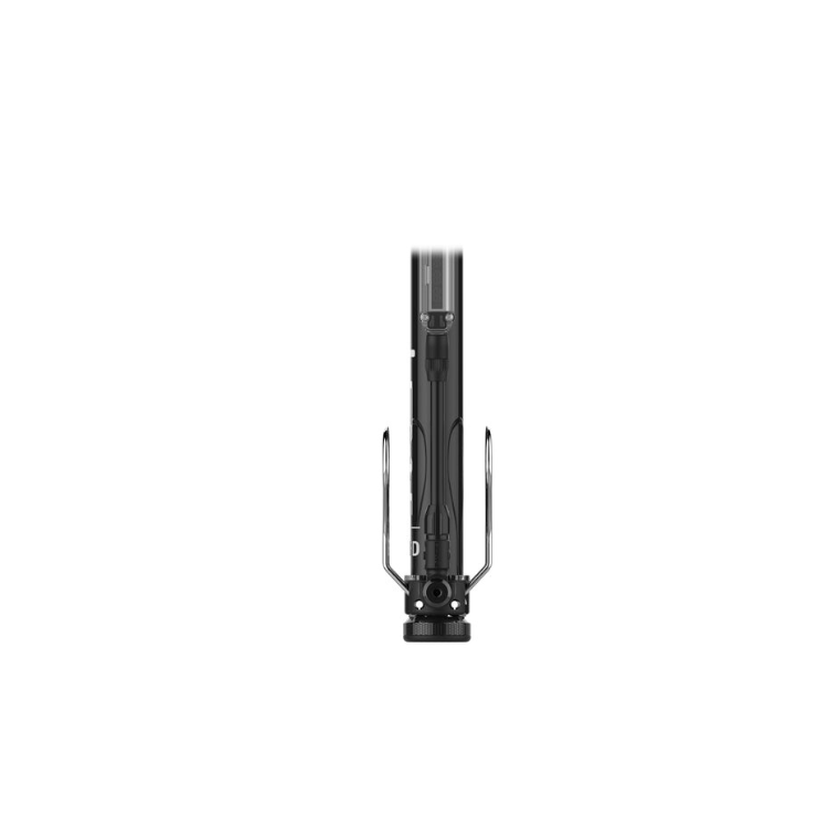 Close-up image showing the base and digital gauge area of a Lezyne floor pump with hose neatly stored.