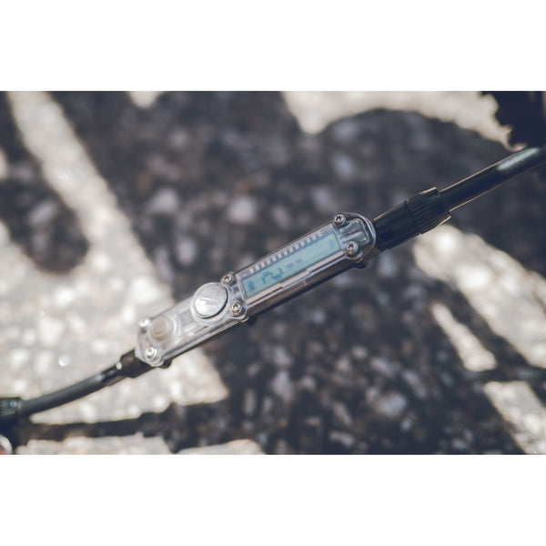 Close-up of the digital pressure display on the Lezyne Digital Pressure Drive pump during tire inflation.